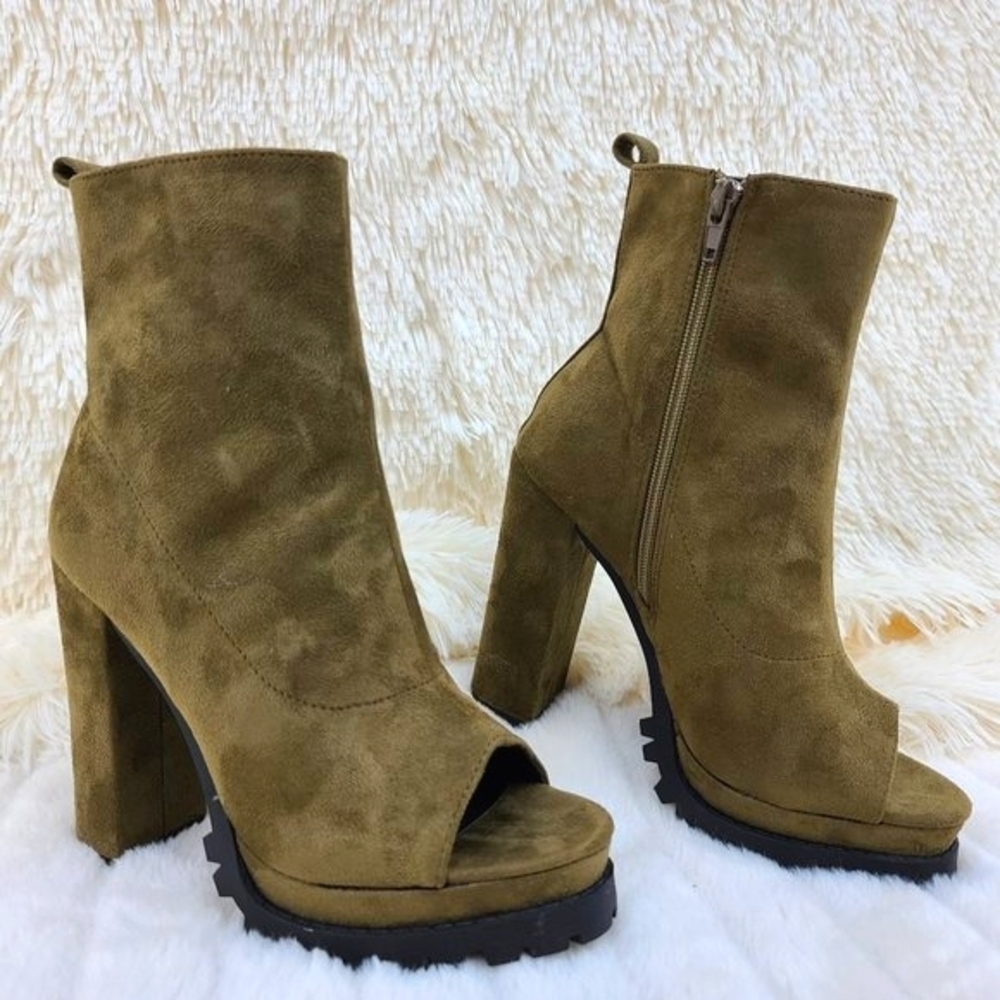 Olive Faux Suede Peep Toe Ankle Boots 4.5 " Heel
